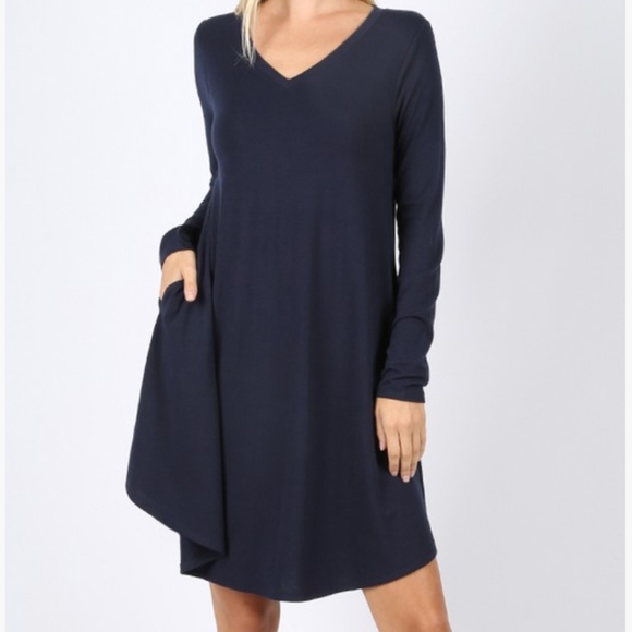 Navy Blue A-line Dress with pockets - Picture 2 of 5